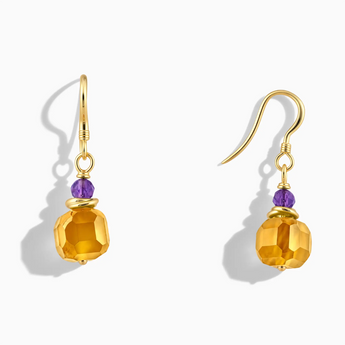 18KT Yellow Gold Vermeil Freeform Amethyst & Citrine Dangle Earrings - Woven Duet Front View