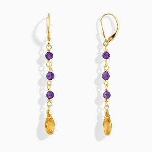 18KT Yellow Gold Vermeil Freeform Amethyst & Citrine Linked Dangle Earrings - Trailing Whispers Front View