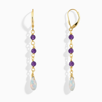 18KT Yellow Gold Vermeil Freeform Amethyst & Opal Linked Dangle Earrings - Trailing Whispers Front View