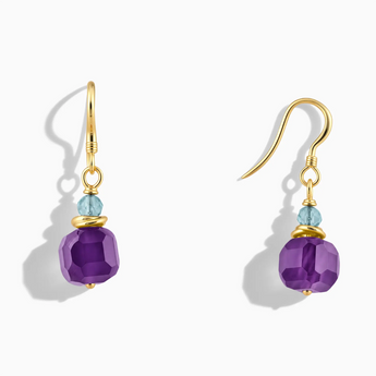 18KT Yellow Gold Vermeil Freeform Aquamarine & Amethyst Dangle Earrings - Woven Duet Front View