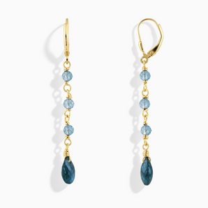 18KT Yellow Gold Vermeil Freeform Aquamarine & London Blue Topaz Linked Dangle Earrings - Trailing Whispers Front View