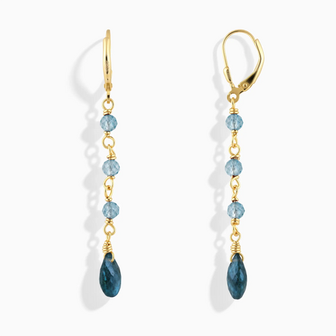 18KT Yellow Gold Vermeil Freeform Aquamarine & London Blue Topaz Linked Dangle Earrings - Trailing Whispers Front View