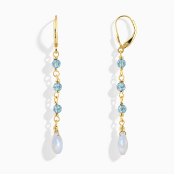 18KT Yellow Gold Vermeil Freeform Aquamarine & Moonstone Linked Dangle Earrings - Trailing Whispers Front View