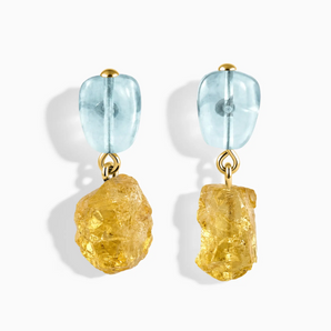 18KT Yellow Gold Vermeil Freeform Aquamarine & Raw Citrine Stud Earrings - Tethered Earth Front View