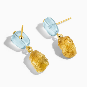 18KT Yellow Gold Vermeil Freeform Aquamarine & Raw Citrine Stud Earrings - Tethered Earth Side View