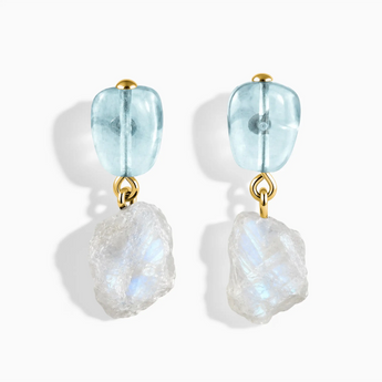 18KT Yellow Gold Vermeil Freeform Aquamarine & Raw Moonstone Stud Earrings - Tethered Earth Front View