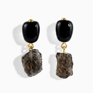 18KT Yellow Gold Vermeil Freeform Black Onyx & Raw Smoky Quartz Stud Earrings - Tethered Earth Front View