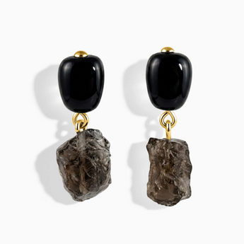 18KT Yellow Gold Vermeil Freeform Black Onyx & Raw Smoky Quartz Stud Earrings - Tethered Earth Front View