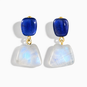 18KT Yellow Gold Vermeil Freeform Blue Sapphire & Moonstone Stud Earrings - Linked Fate Front View