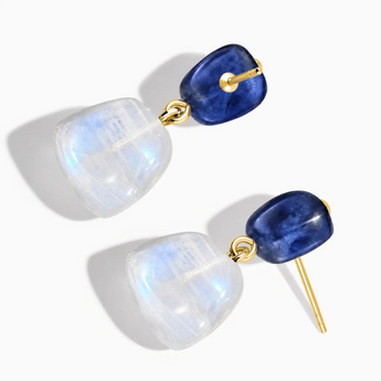 18KT Yellow Gold Vermeil Freeform Blue Sapphire & Moonstone Stud Earrings - Linked Fate Side View