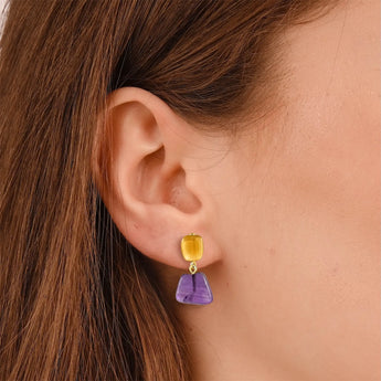 18KT Yellow Gold Vermeil Freeform Citrine & Amethyst Stud Earrings - Linked Fate Model Shot