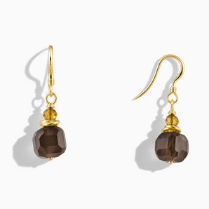 18KT Yellow Gold Vermeil Freeform Citrine & Smoky Quartz Dangle Earrings - Woven Duet Front View