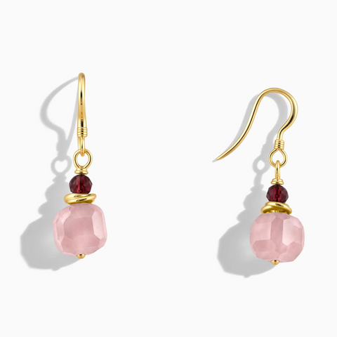 18KT Yellow Gold Vermeil Freeform Garnet & Rose Quartz Dangle Earrings - Woven Duet Front View