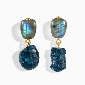 18KT Yellow Gold Vermeil Freeform Labradorite & Raw London Blue Topaz Stud Earrings - Tethered Earth Front View