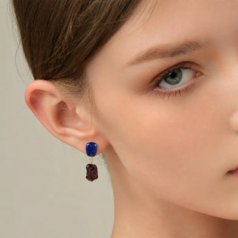 18KT Yellow Gold Vermeil Freeform Lapis Lazuli & Raw Garnet Stud Earrings - Tethered Earth Model Shot
