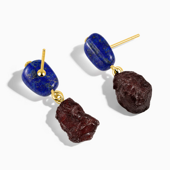 18KT Yellow Gold Vermeil Freeform Lapis Lazuli & Raw Garnet Stud Earrings - Tethered Earth Side View