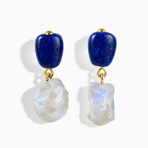 18KT Yellow Gold Vermeil Freeform Lapis Lazuli & Raw Moonstone Stud Earrings - Tethered Earth Front View