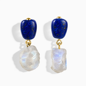 18KT Yellow Gold Vermeil Freeform Lapis Lazuli & Raw Moonstone Stud Earrings - Tethered Earth Front View