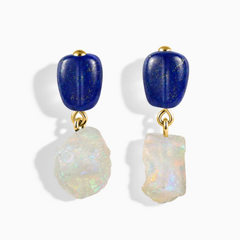 18KT Yellow Gold Vermeil Freeform Lapis Lazuli & Raw Opal Stud Earrings - Tethered Earth Front View