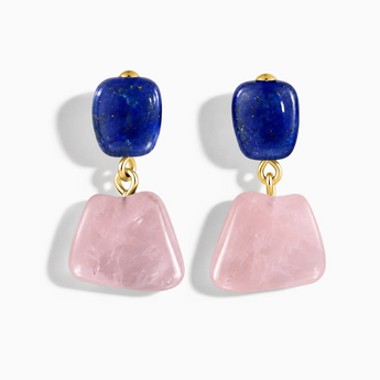 18KT Yellow Gold Vermeil Freeform Lapis Lazuli & Rose Quartz Stud Earrings - Linked Fate Front View
