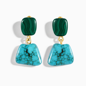18KT Yellow Gold Vermeil Freeform Malachite & Turquoise Stud Earrings - Linked Fate Front View