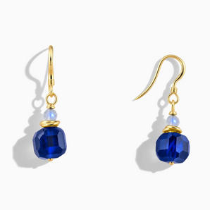18KT Yellow Gold Vermeil Freeform Moonstone & Blue Sapphire Dangle Earrings - Woven Duet Front View