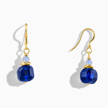 18KT Yellow Gold Vermeil Freeform Moonstone & Blue Sapphire Dangle Earrings - Woven Duet Front View