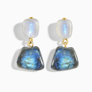 18KT Yellow Gold Vermeil Freeform Moonstone & Labradorite Stud Earrings - Linked Fate Front View