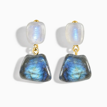 18KT Yellow Gold Vermeil Freeform Moonstone & Labradorite Stud Earrings - Linked Fate Front View