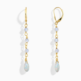 18KT Yellow Gold Vermeil Freeform Moonstone & Opal Linked Dangle Earrings - Trailing Whispers Front View