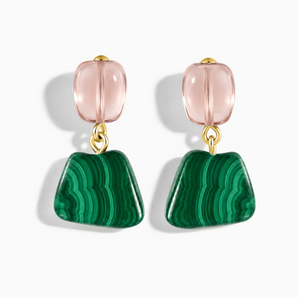 18KT Yellow Gold Vermeil Freeform Morganite & Malachite Stud Earrings - Linked Fate Front View