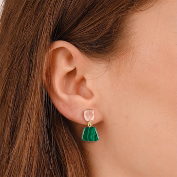 18KT Yellow Gold Vermeil Freeform Morganite & Malachite Stud Earrings - Linked Fate Model Shot