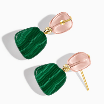 18KT Yellow Gold Vermeil Freeform Morganite & Malachite Stud Earrings - Linked Fate Side View