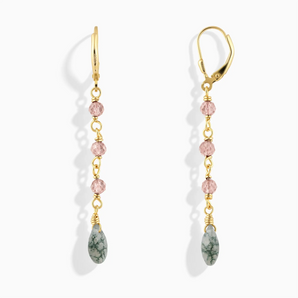 18KT Yellow Gold Vermeil Freeform Morganite & Moss Agate Linked Dangle Earrings - Trailing Whispers Front View