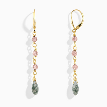 18KT Yellow Gold Vermeil Freeform Morganite & Moss Agate Linked Dangle Earrings - Trailing Whispers Front View