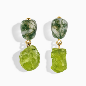 18KT Yellow Gold Vermeil Freeform Moss Agate & Raw Peridot Stud Earrings - Tethered Earth Front View