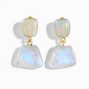18KT Yellow Gold Vermeil Freeform Opal & Moonstone Stud Earrings - Linked Fate Front View