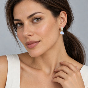 18KT Yellow Gold Vermeil Freeform Opal & Moonstone Stud Earrings - Linked Fate Model Shot
