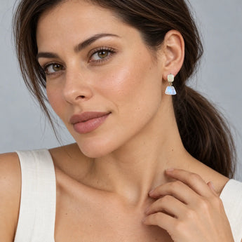 18KT Yellow Gold Vermeil Freeform Opal & Moonstone Stud Earrings - Linked Fate Model Shot