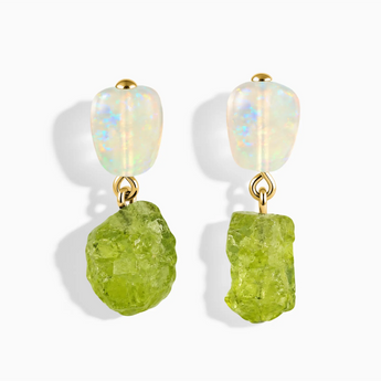 18KT Yellow Gold Vermeil Freeform Opal & Raw Peridot Stud Earrings - Tethered Earth Front View