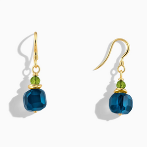 18KT Yellow Gold Vermeil Freeform Peridot & London Blue Topaz Dangle Earrings - Woven Duet Front View
