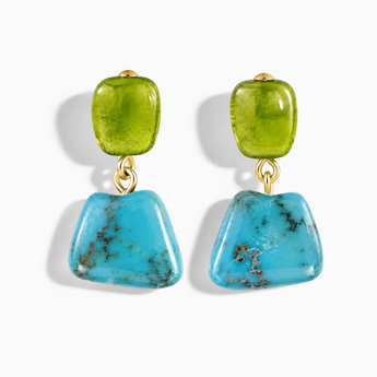 18KT Yellow Gold Vermeil Freeform Peridot & Turquoise Stud Earrings - Linked Fate Front View