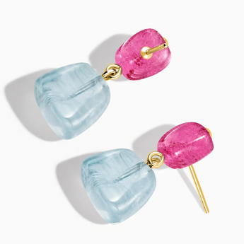 18KT Yellow Gold Vermeil Freeform Pink Tourmaline & Aquamarine Stud Earrings - Linked Fate Side View