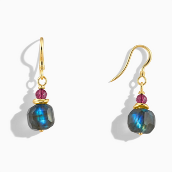 18KT Yellow Gold Vermeil Freeform Pink Tourmaline & Labradorite Dangle Earrings - Woven Duet Front View