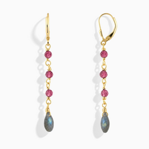 18KT Yellow Gold Vermeil Freeform Pink Tourmaline & Labradorite Linked Dangle Earrings - Trailing Whispers Front View