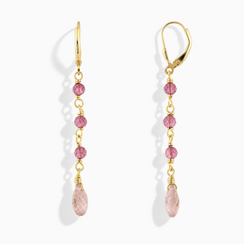 18KT Yellow Gold Vermeil Freeform Pink Tourmaline & Morganite Linked Dangle Earrings - Trailing Whispers Front View