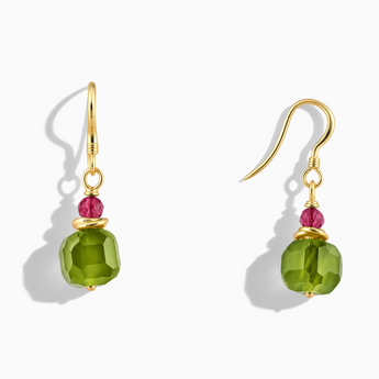 18KT Yellow Gold Vermeil Freeform Pink Tourmaline & Peridot Dangle Earrings - Woven Duet Front View