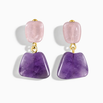 18KT Yellow Gold Vermeil Freeform Rose Quartz & Amethyst Stud Earrings - Linked Fate Front View