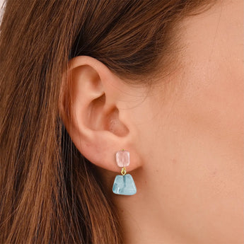 18KT Yellow Gold Vermeil Freeform Rose Quartz & Aquamarine Stud Earrings - Linked Fate Model Shot