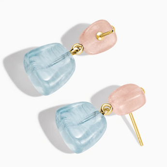 18KT Yellow Gold Vermeil Freeform Rose Quartz & Aquamarine Stud Earrings - Linked Fate Side View